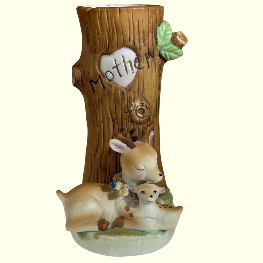 Vintage Enesco 1979 Adorable Ceramic Tree Hug Mother Deer Fawn Bud Vase Taiwan